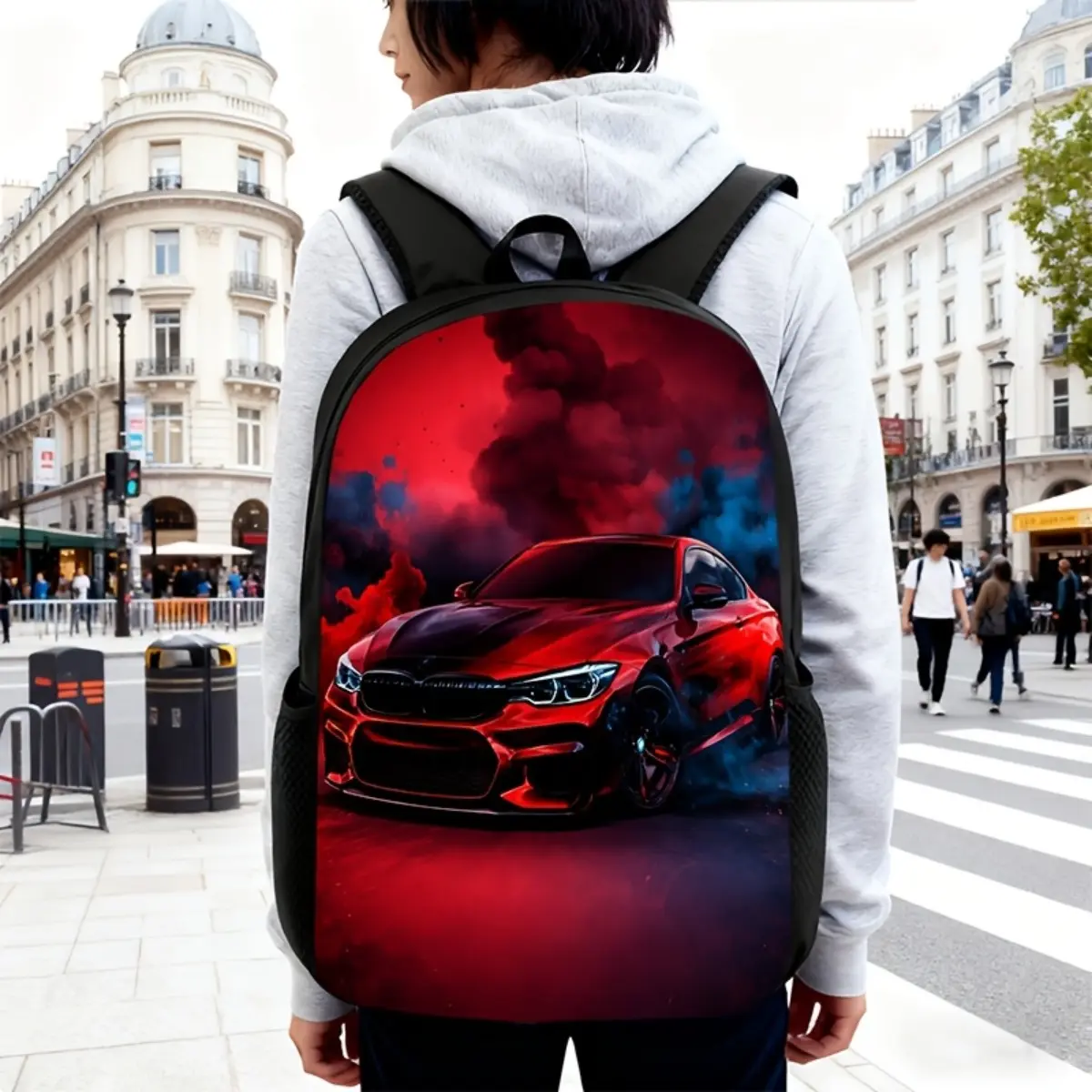 3pcs Sports Car Themed Backpack & Accessory Set with Smoke Racing Design - Large School Bookbag, Crossbody Bag & Pencil Case Suitable for, Youth, Commuting, School, Daily Use - Lightweight Zipper Closure, Adjustable Straps, Smoke Print, 2D Flat