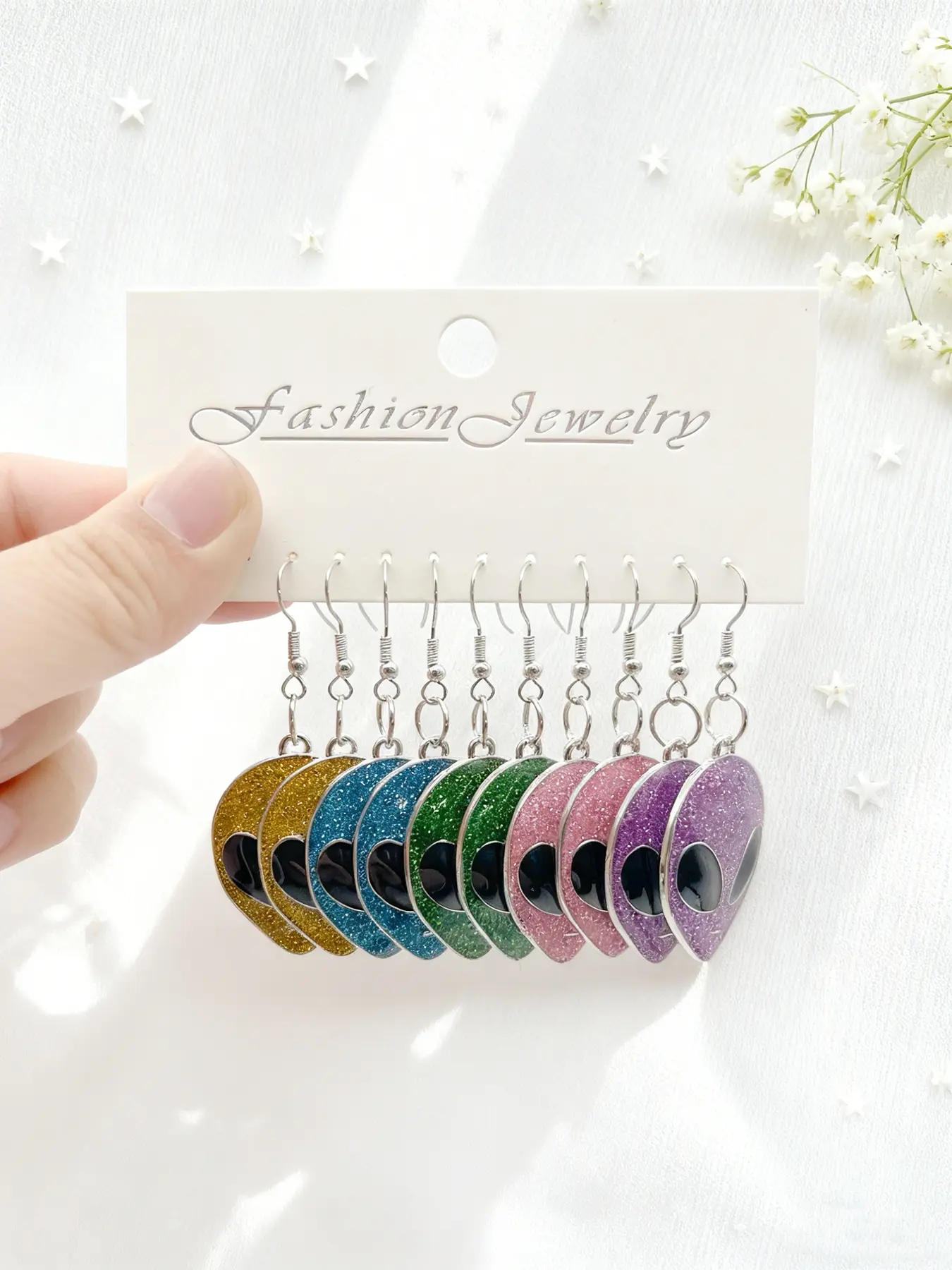 Vintage Future Glitter Alien Earrings Set, Cyberpunk Ufo Unique Jewelry, Multi-Color Pendant Ear Hooks, Fashion Punk Elegant Earrings