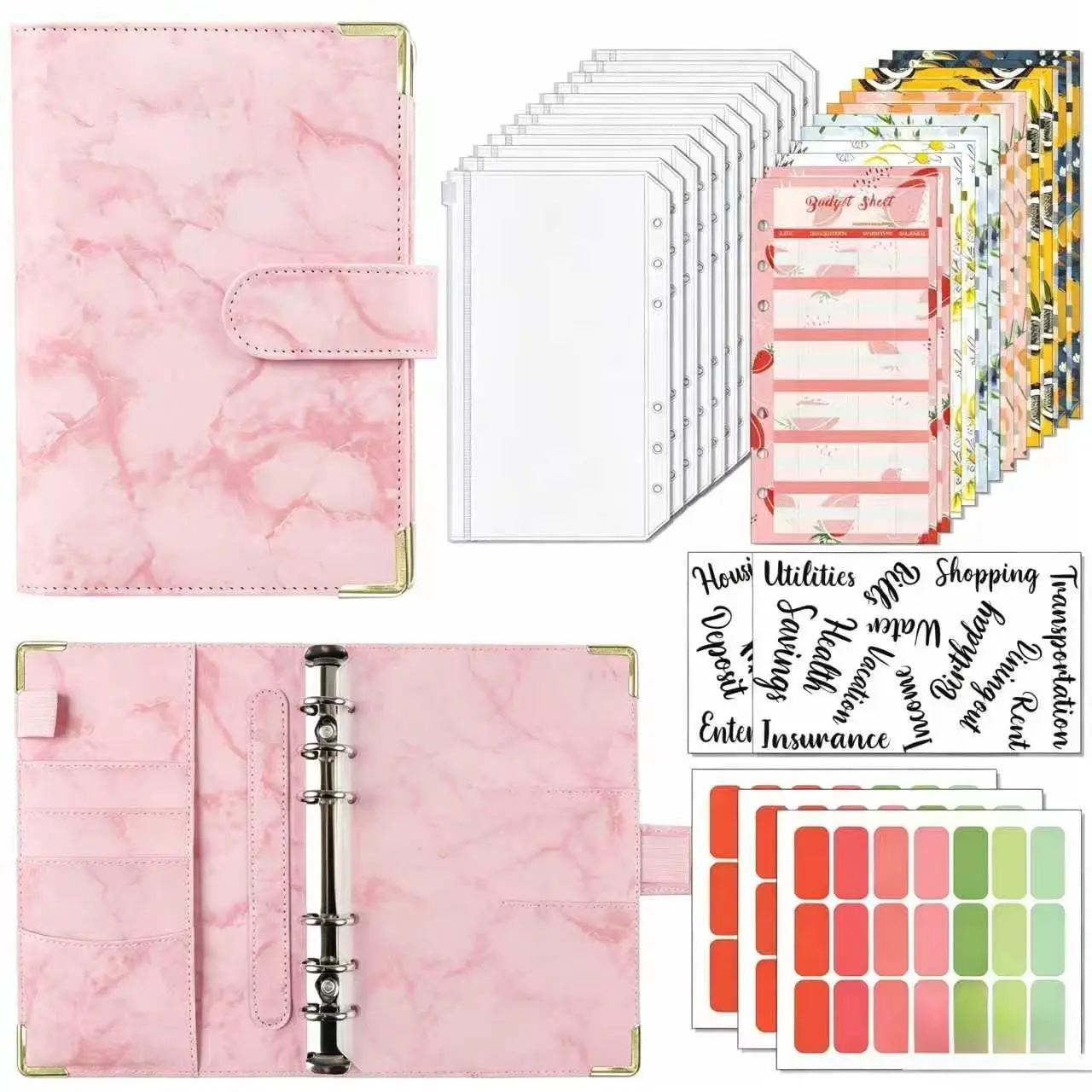 A6 Budget Binder with 6 Rings, Marble & Macaron PU Leather Cash Envelope System, Refillable Expense Tracker, Financial Planner & Accounting Journal, Gift for Women