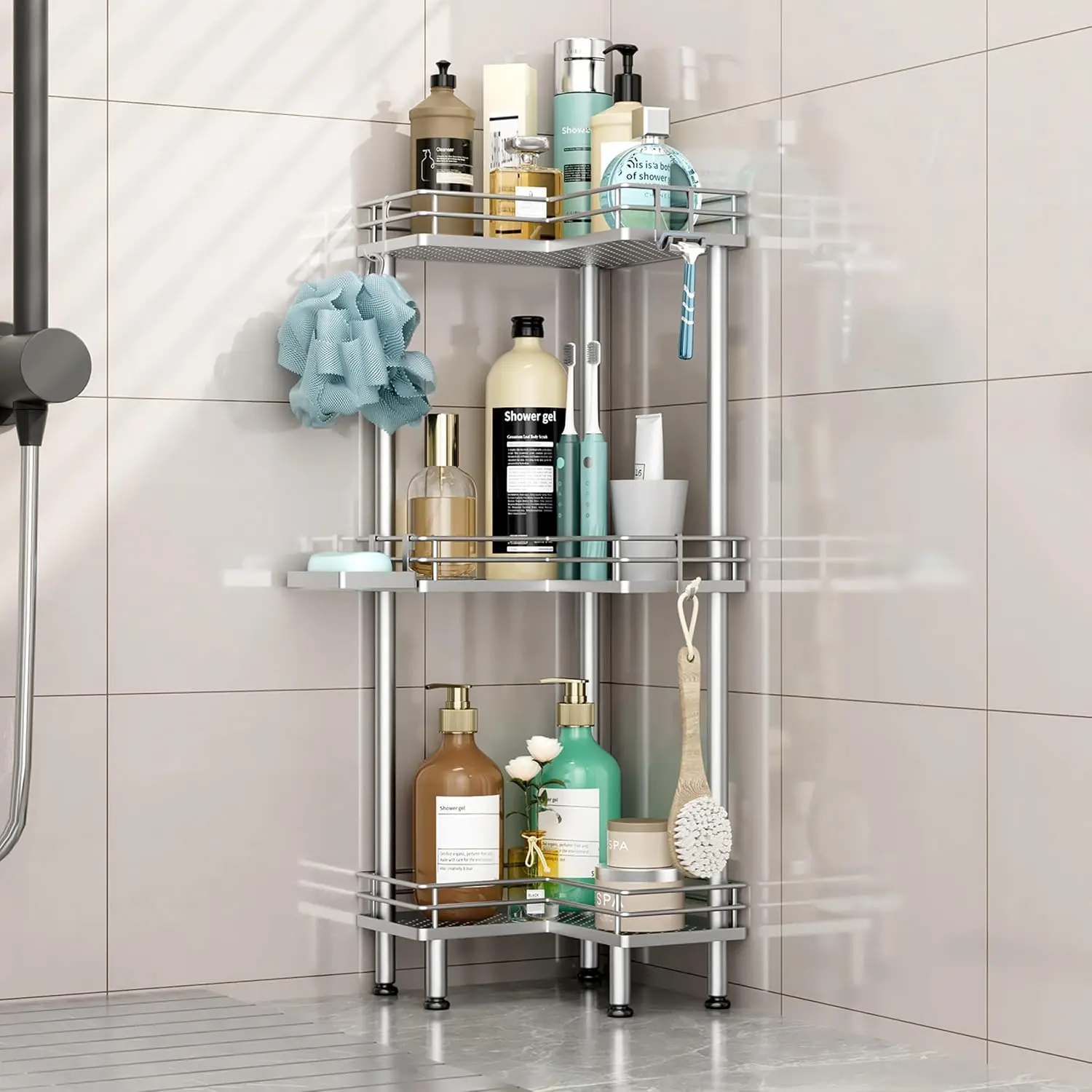 Standing Corner Shower Caddy - 3 Tier Shower Shelf Corner with Soap Holder, Rustproof Bathroom Standing Organizer with 4 Hooks, Silver