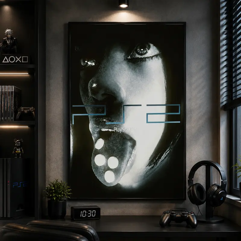 PlayStation 2 Horror Canvas Wall Art Poster PS2 Gaming Aesthetic Dark Retro Console Inspired Print HD Bedroom Living Room Office Man Cave Decor Gift for Gamers Glitch Style Creepy Eye Close Up