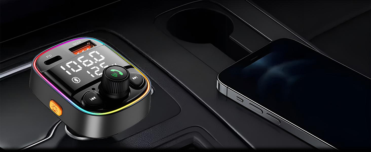 Bluetooth 5.4 Car Adapter, FM Transmitter with 42W Fast Charging (QC3.0/Type-C), Dual LED Display, HiFi Bass, Handsfree Calls, TF/USB Player & 7-Color Backlit