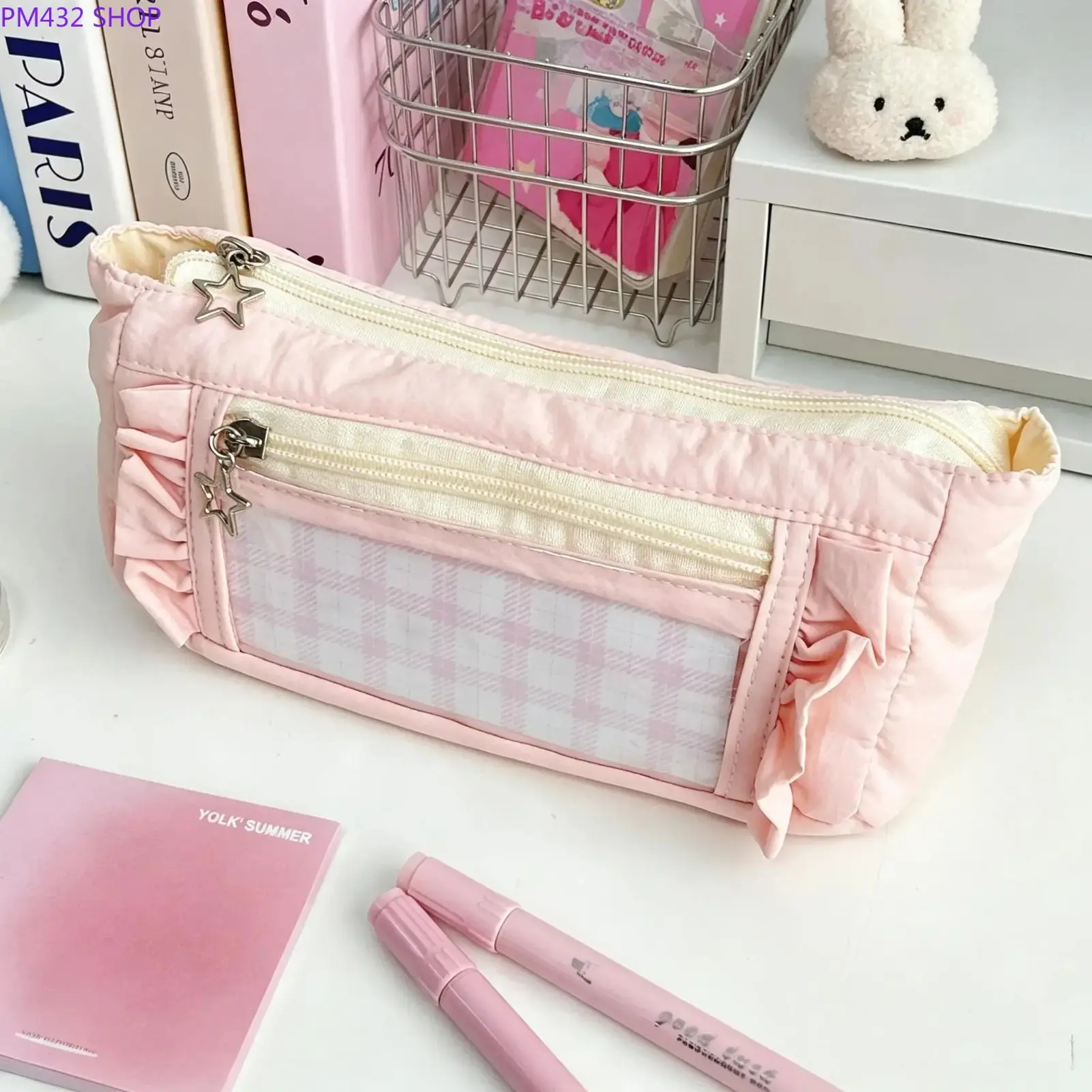 Ruffle Pencil Case with Star Charm, Large Capacity Double Zipper Pencil Pouch with Clear Window, Aesthetic Pastel Plaid Pen Organizer for School, Office and College Supplies