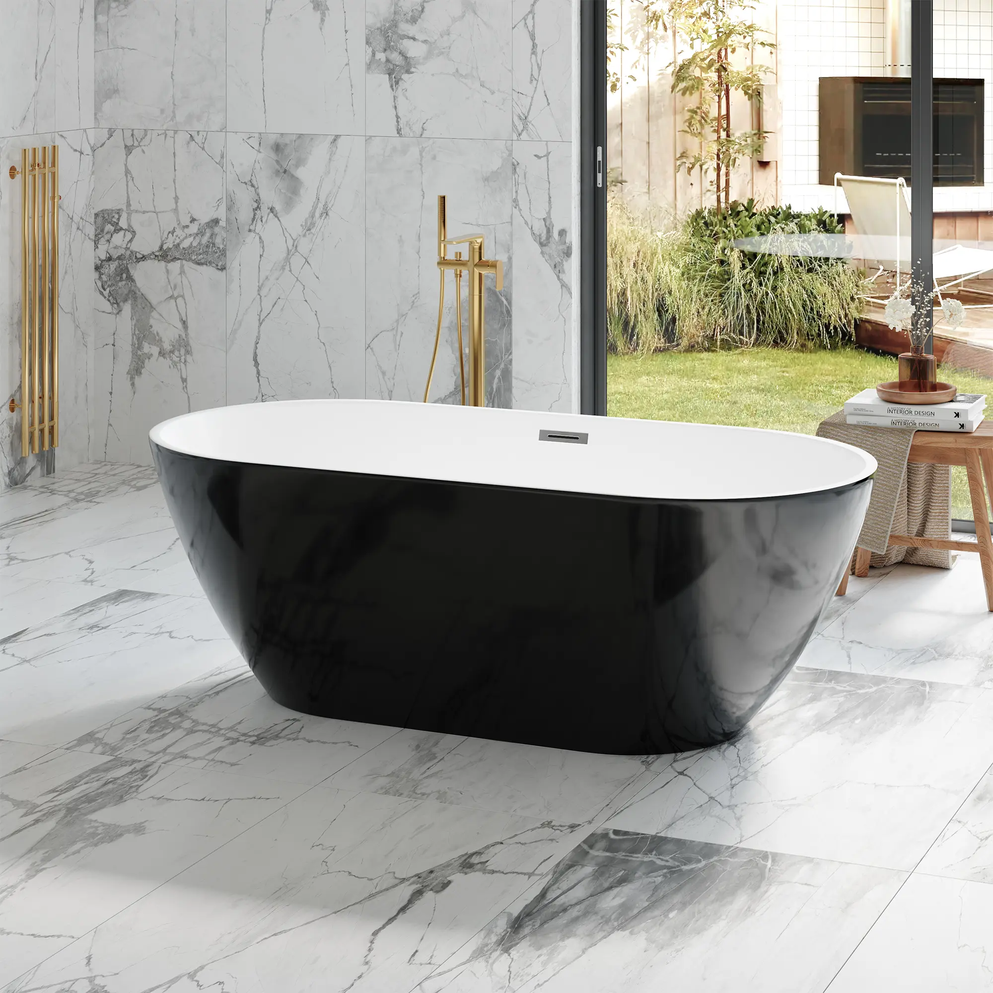 59-Inch Acrylic Freestanding Bathtub, Glossy Black Exterior and White Interior, Oval Soaking Tub with Chrome Overflow and Drain