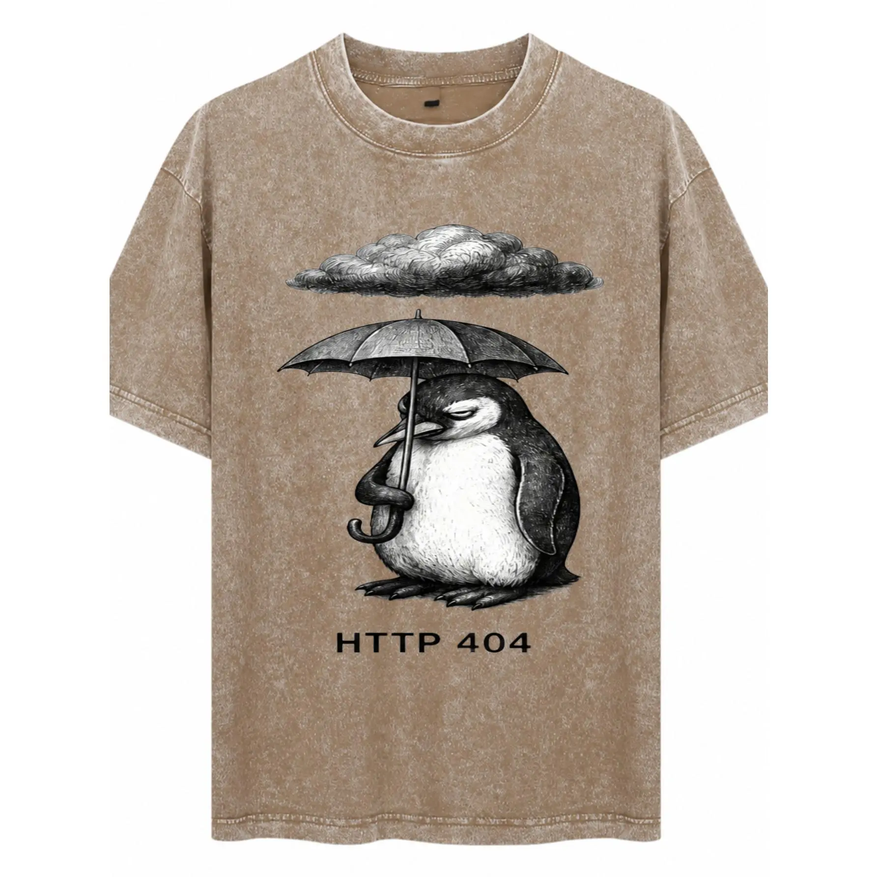 Streetwear Style, Heavyweight Unisex Acid Wash Cotton T-Shirt, Penguin With Umbrella And Cloud HTTP 404 Graphic, Screen Printed Design, Casual Wear For Men Women And Teens