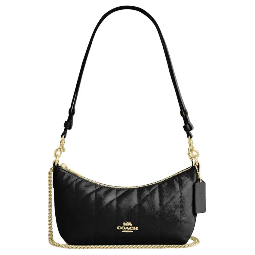 COACH Caitlin Quilted Detachable Handle Chain Strap Zip Closure Leather Shoulder Bag for Women, Medium, Black