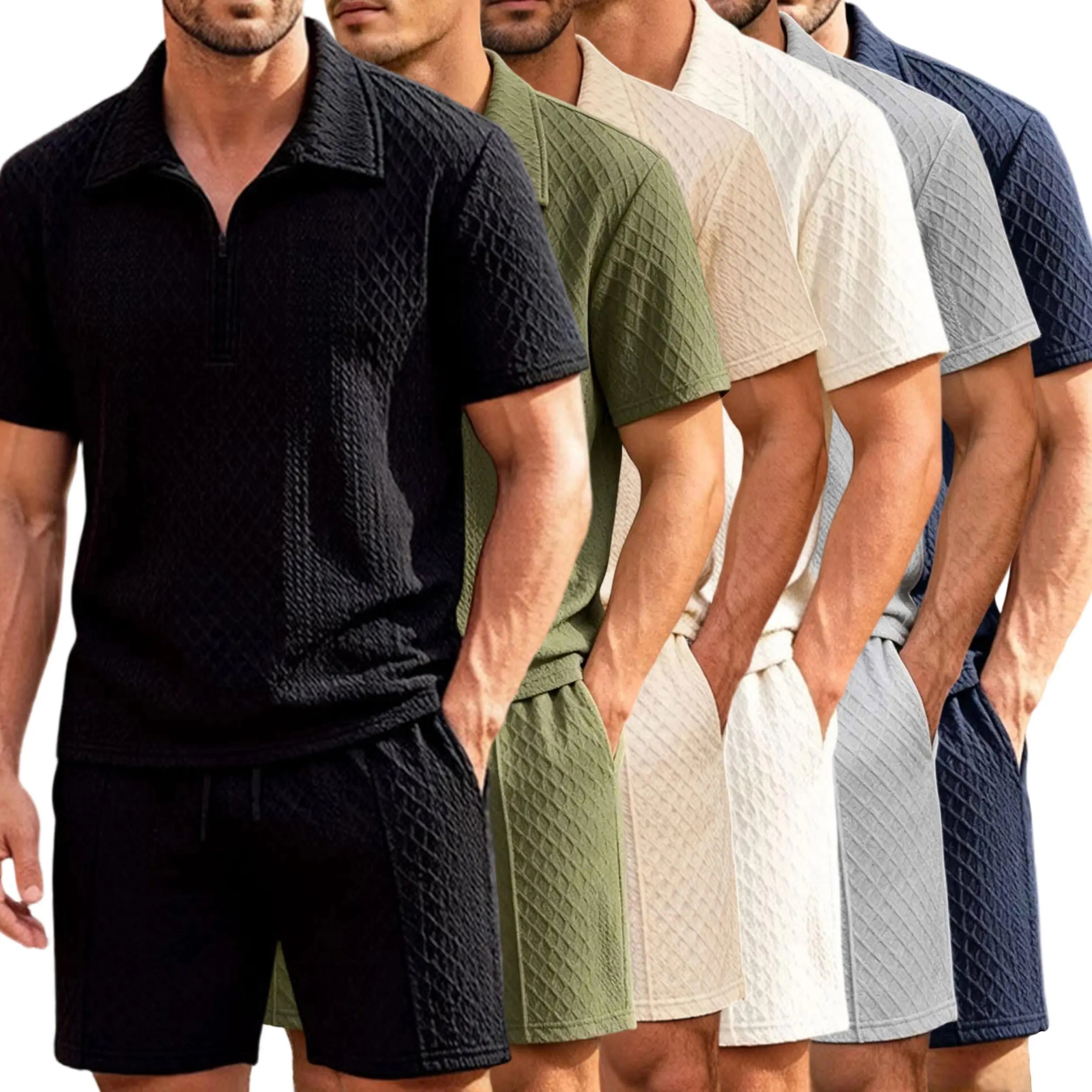 Ribbed Quarter Zip Men’s 2-Piece Set, Short Sleeve Half Zip Polo Shirt & Drawstring Pocket Casual Shorts, Breathable Summer Matching Outfit fitness men's mens sweatsuit