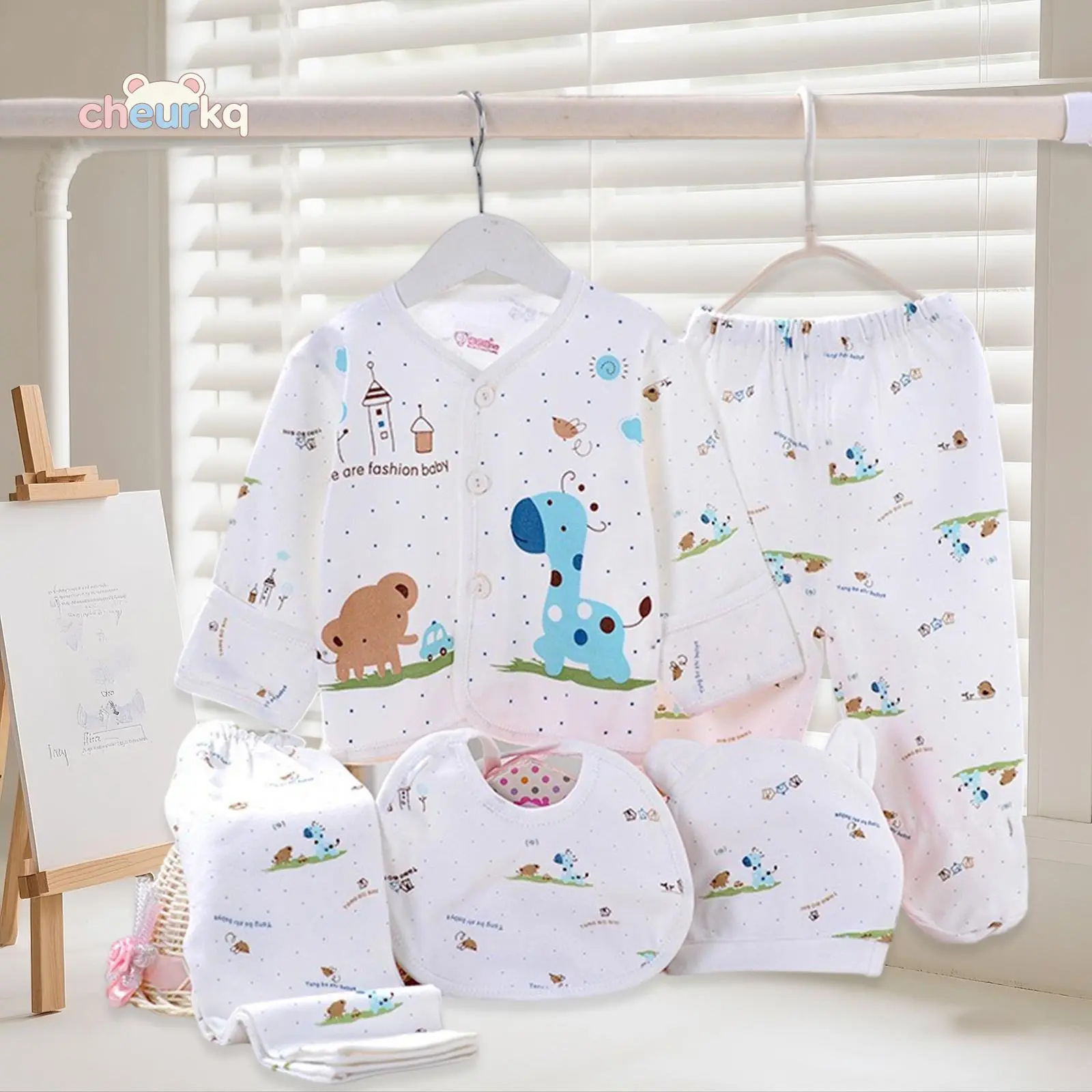 Newborn Baby Layette Set, 5-Piece Casual Cotton Outfit with Cartoon Animals Print, Long Sleeve Top, Pants, Footie, Hat, and Bib, 0-3 Months, Underwear Set, Characters, Button, 1Bibs, 1Footed Bottoms, 1Long Pants, 1Newborn Baby Hat, Infant, Unisex