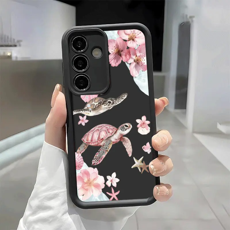 Black Background Pink Flower Sea Turtle Pattern Phone Case, Matte Non-Slip TPU + Silicone Shockproof Phone Case | Unisex Classic Material | Multi-Model Compatible for Samsung Galaxy S26 S25 S24 S23 S22 S21 Ultra Plus FE A13