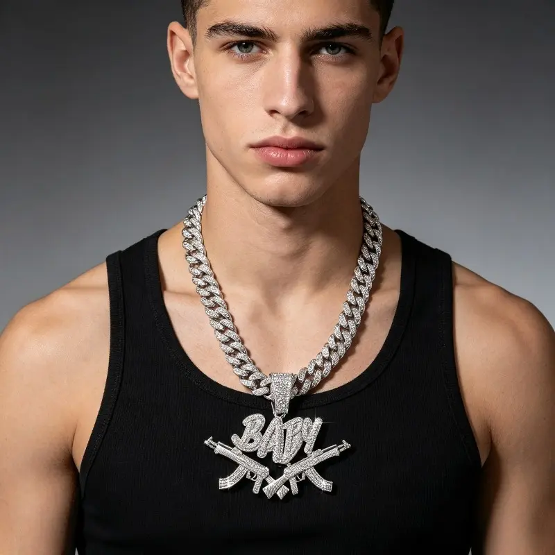 Unisex Hip‑Hop Dual‑Gun BABY Charm Necklace, Iced‑Out Cuban Chain, Edgy Streetwear Statement Jewelry for Daily Wear, Parties and Street Shoots
