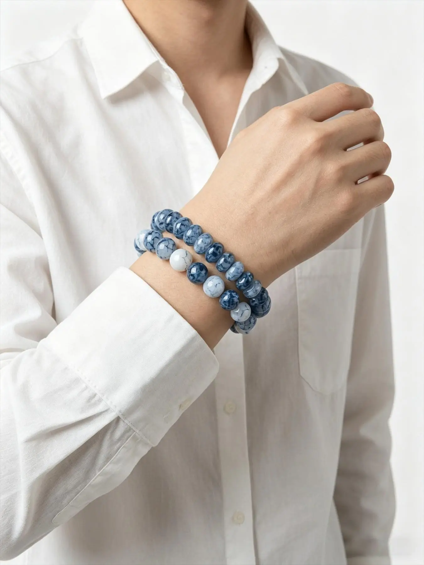 2pcs Handmade Elastic Blue Dot Agate Beaded Bracelets, Natural Stone Wrist Jewelry, All Occasion Accessory, Ideal Gift for Women