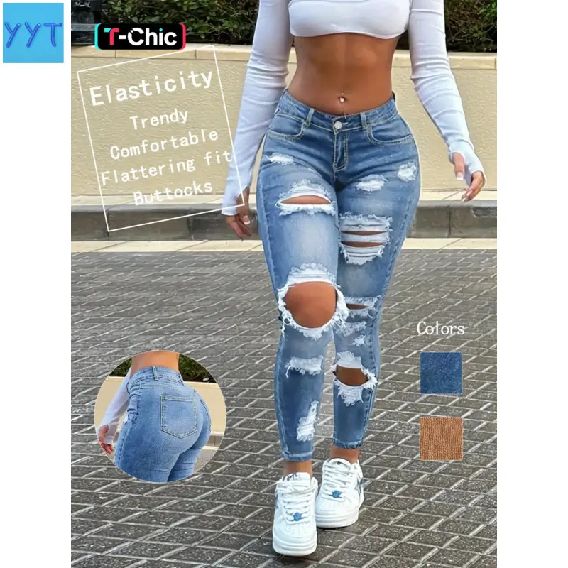 YYT1 Women's New Fashion Jean Ripped Skinny Pants Stretch Comfort Fit Washed Craft Trendy Long Trousers, Casual All Seasons Bottom Womenswear Stretchy Jeans Distressed Skinny Jeans