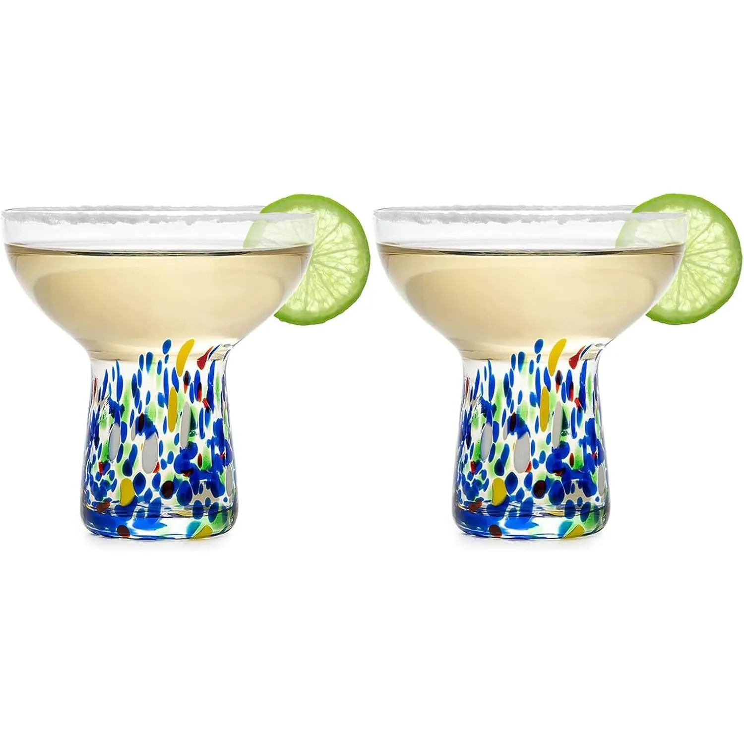 Large Stemless Hand Blown Confetti Margarita Glasses - 14 oz - Set of 2 | Colorful Artisan Glassware, Perfect for Margaritas, Martinis, Wine, Cocktails & Champagne, Great for Cinco de Mayo & Parties
