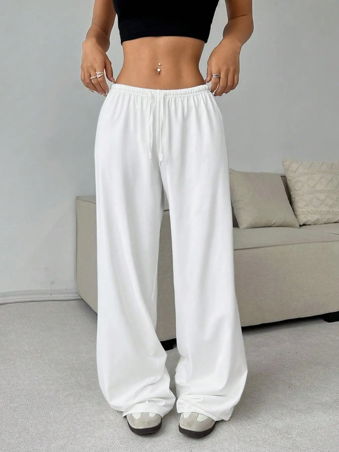Women's Solid White Soft Drawstring Wide Leg Sweatpants | High Waist Elastic Flowy Loose Full Length Pants | Minimalist Casual Street Loungewear Trousers for Women Baggy