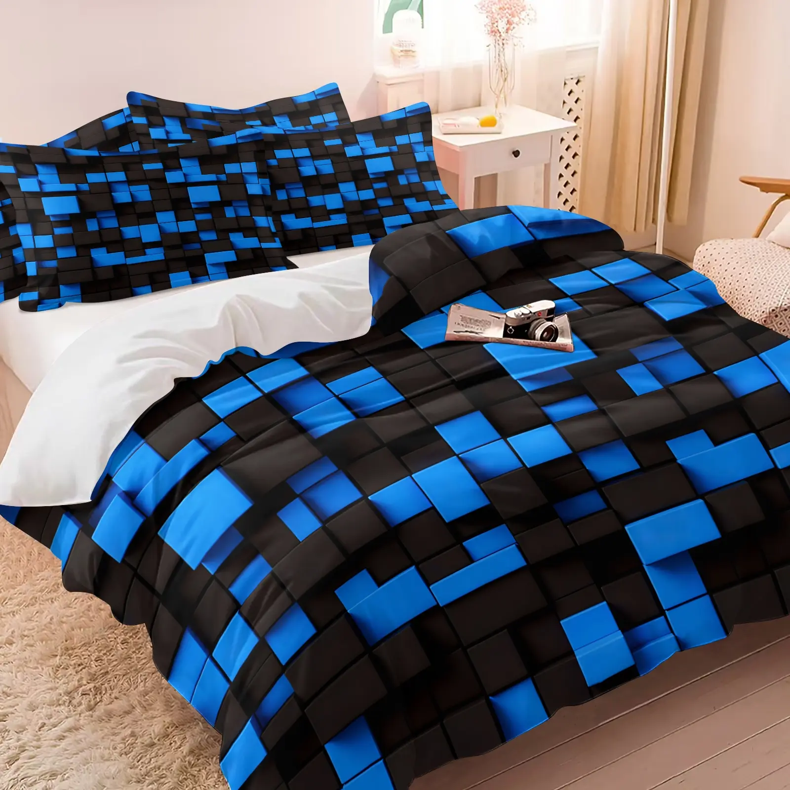 3D Stereo Blue Black Rectangle Block Print Duvet Cover Set, Includes 1-2 Pillowcases, Black Minimal Tech Mens Bedding, Stereo Blue Rectangle Geometry Bed Set All Size, Breathable Soft Fabric, Gaming Bedroom Decor