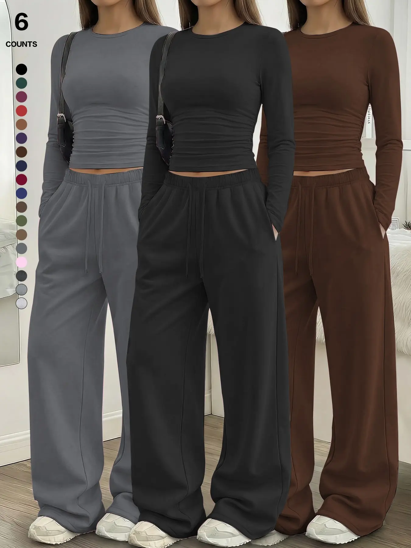 Women's 2 Piece Lounge Set, Long Sleeve Crop Top and Drawstring Adjustable Wide Leg Pants with Pockets, Casual Matching Outfit,Womenswear 2026,Comfy Everyday Tracksuit for Women