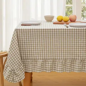Taupe Gingham Tablecloth 52 x 70 Inch, Cotton Plaid Tablecloth with Ruffle Edge Design, Linen Feel Classic Farmhouse Checkered Table Cover for Kitchen Parties Living Room Decoration