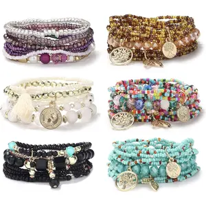 6 Sets Bohemian Stackable Bracelets for Women Multilayered Stretch Bead Bracelet Set Boho Bangles Multicolor Fashion Jewelry