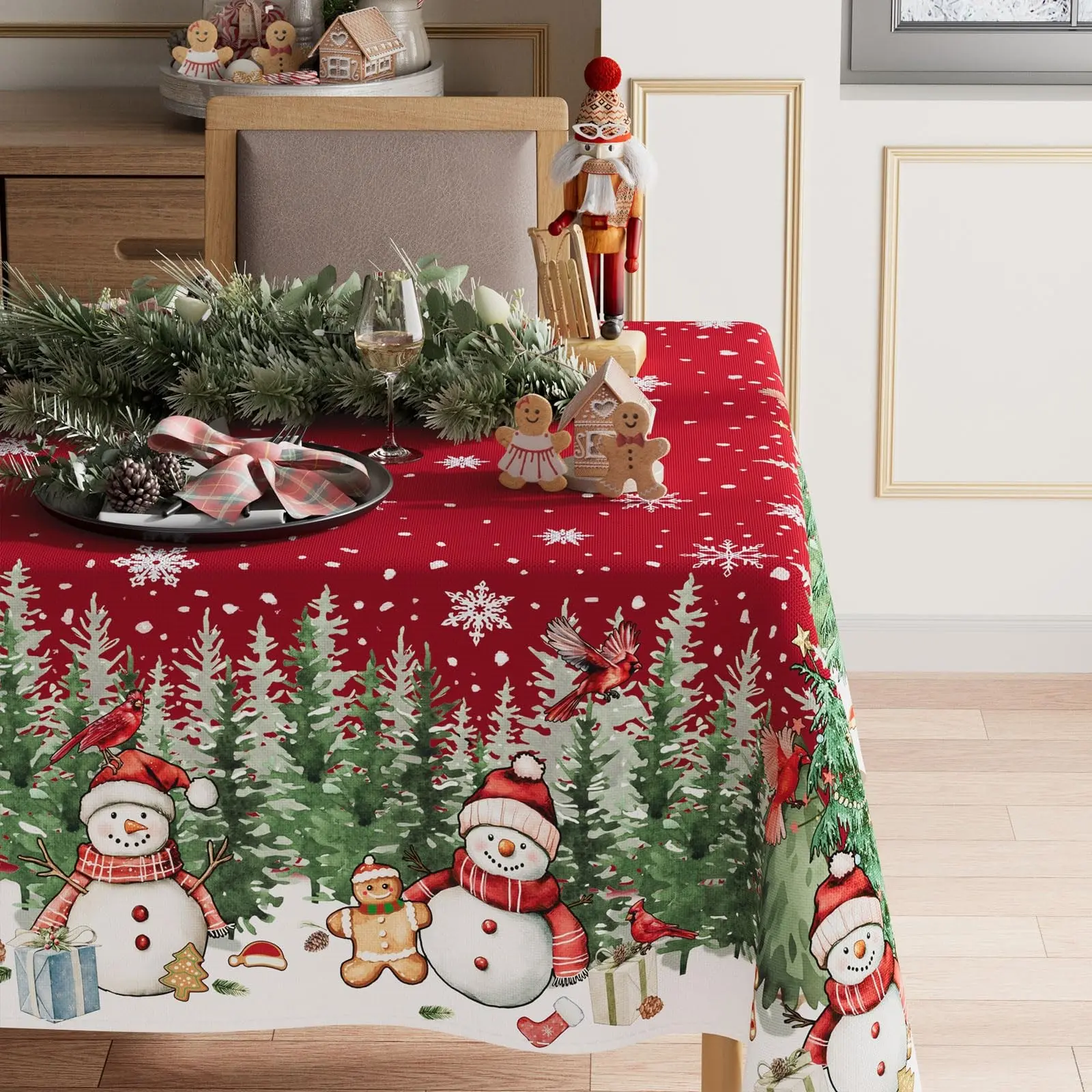 Snowman Gingerbread Tree Winter Tablecloth, Rectangular Christmas Tablecloth, Indoor Restaurant Party Decor, 60x84 Inches, Home Decoration