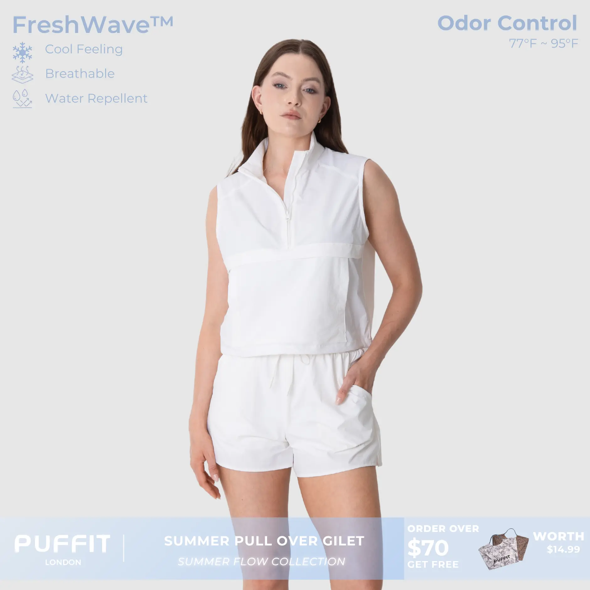 PUFFIT Summer Flow Short Gilet,Sleeveless,Stain Resistant,Water Repellent,Breathable,Odor,Control,Womenswear,Outdoor,Sport,Out Wear,Dog Walking