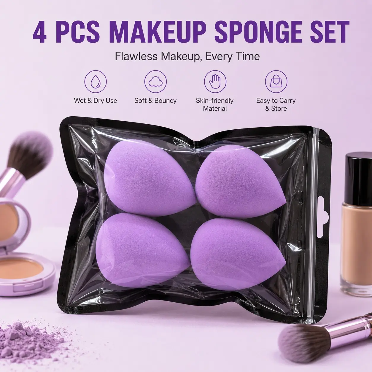 Beauty Sponge Foundation Makeup Applicator Set, Four-Piece Dry Wet Use, Non-Caking Powder-Free, Ideal for Smooth Application, Beauty Blenders, Face Sponges For Makeup, Blending Sponge