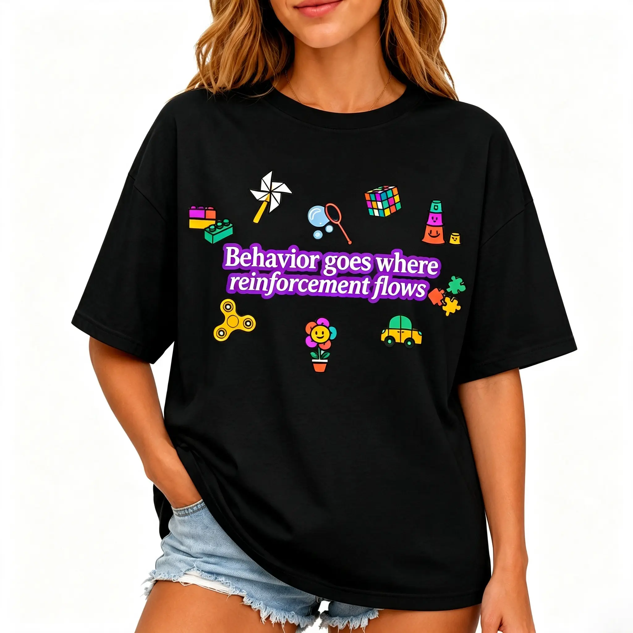 Women's Teacher Graphic T-Shirt - 100% Cotton, Oversized, White, Toy-Element Design, Casual Short Sleeve, "Behavior Goes Where Reinforcement Flows" Print