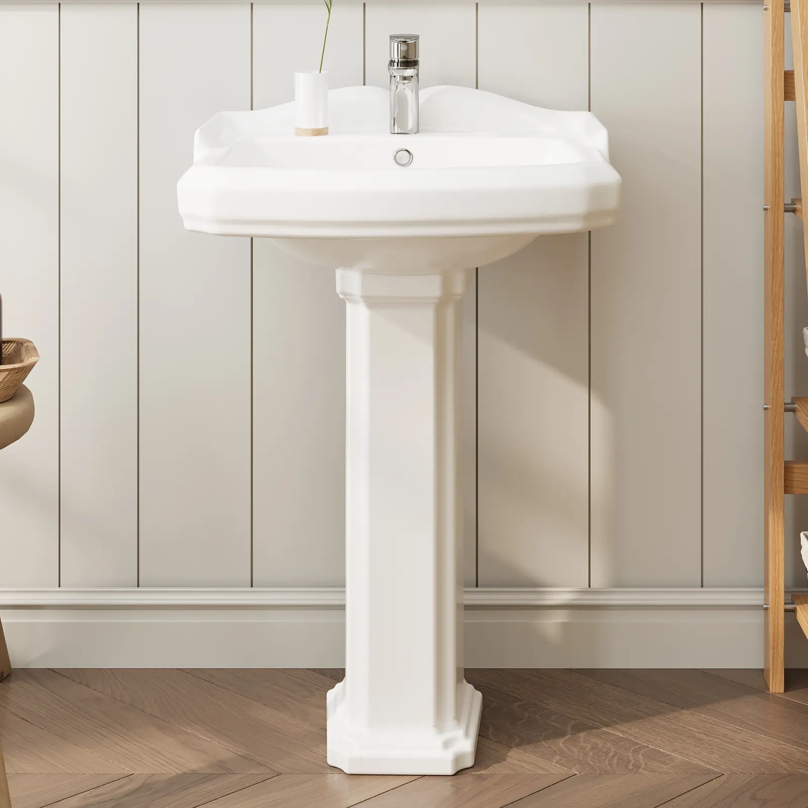 Modern Ceramic Pedestal Bathroom Sink, White Space Saving Pedestal Basin with Pre-Drilled Faucet Holes & Overflow, Durable Easy Clean Porcelain Wash Basin for Powder Room Remodeling Home Decor