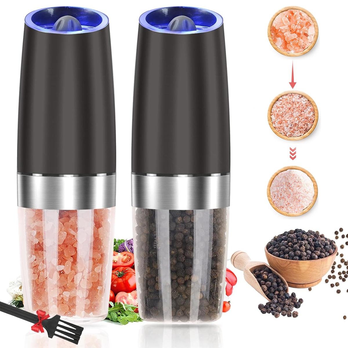 Stainless Steel Gravity Electric Pepper Grinder, Adjustable Coarseness Salt & Pepper Mill with LED Light, Salt Grinder with Brush(Without battery)