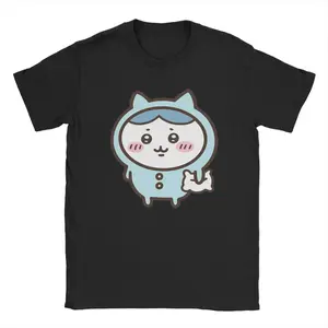 Hachiware In Blue Pajamas Chiikawas  T Shirt Men 100% Cotton T-Shirt Round Collar Tee Shirt Short Sleeve Clothing Printed