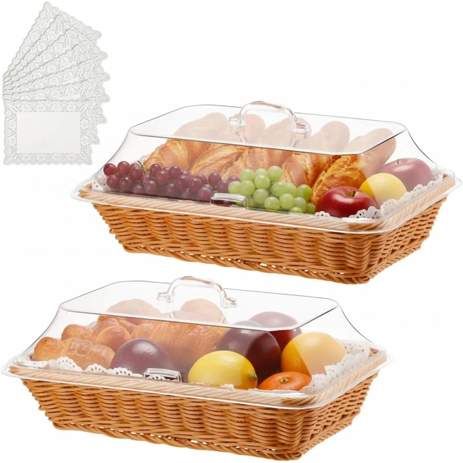Mumufy 2 Packs Bread Baskets for Serving with Lid 14.17x10.24x2.56'' Imitation Rattan Fruit Storage Basket, and 50 Pcs Food Blotting Sheets for Baker Gift, Kitchen Counter Organization, Bread Display