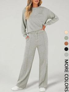2 piece women's casual long sleeve pocket sportswear set, stylish wide leg athletic for all seasons, comfortable fitted fashion, workout casual wear