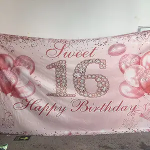 Diamond Sweet 16th Birthday Backdrop Banner, Balloon Sign, Polyester Material, Party Decor, Indoor Outdoor, Gift Idea, Party Decorations Banners