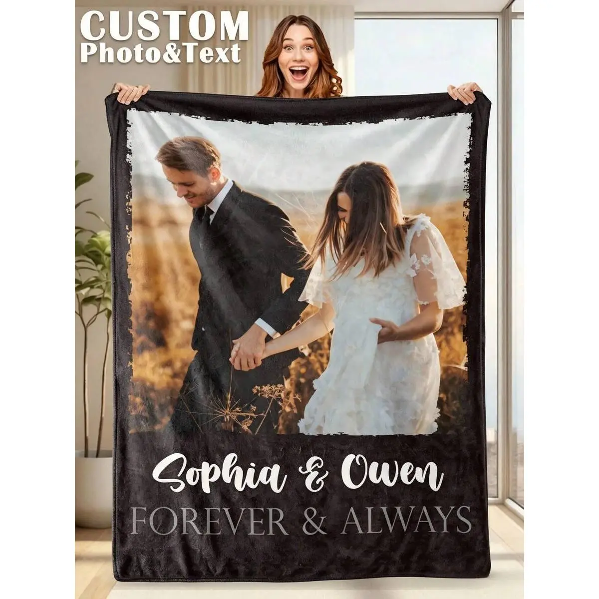 Custom Wedding Photo Flannel Throw Blanket - 1 Photo+Text Personalized Couple Name, Wrinkle-Resistant, Breathable, Torn Edge Border, Soft Cozy Warm, Romance Commemorative Keepsake Gift for Adults' Wedding Anniversary Couch Decor