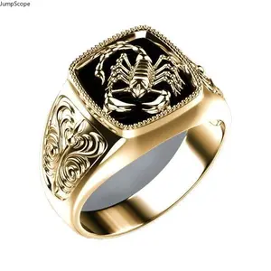 Men’s Gold-Plated 3D Scorpion Engraved Signet Ring - Black Enamel Inlaid Square Top Wide Band, Retro Scroll Pattern Gothic Rings for Zodiac Styling & Gift Giving
