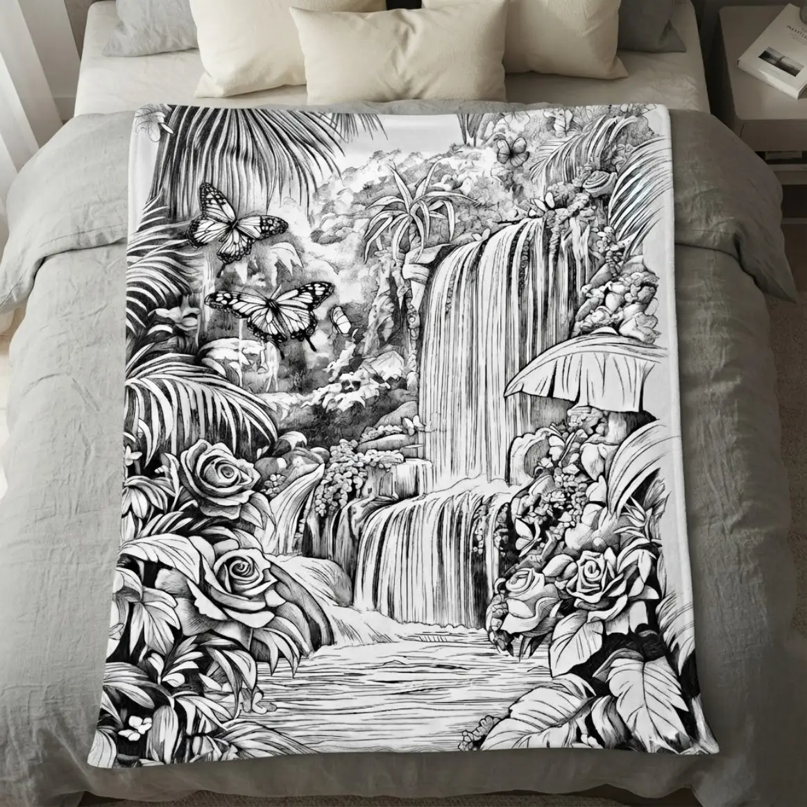 Waterfall Garden Coloring Book Style Flannel Throw Blanket, Adult Kids Black White Tropical Flower Butterfly Nature Print Blanket, Soft Cozy Botanical Blanket for Bed Couch Sofa Home Decor, Peaceful Art Gift For Lovers