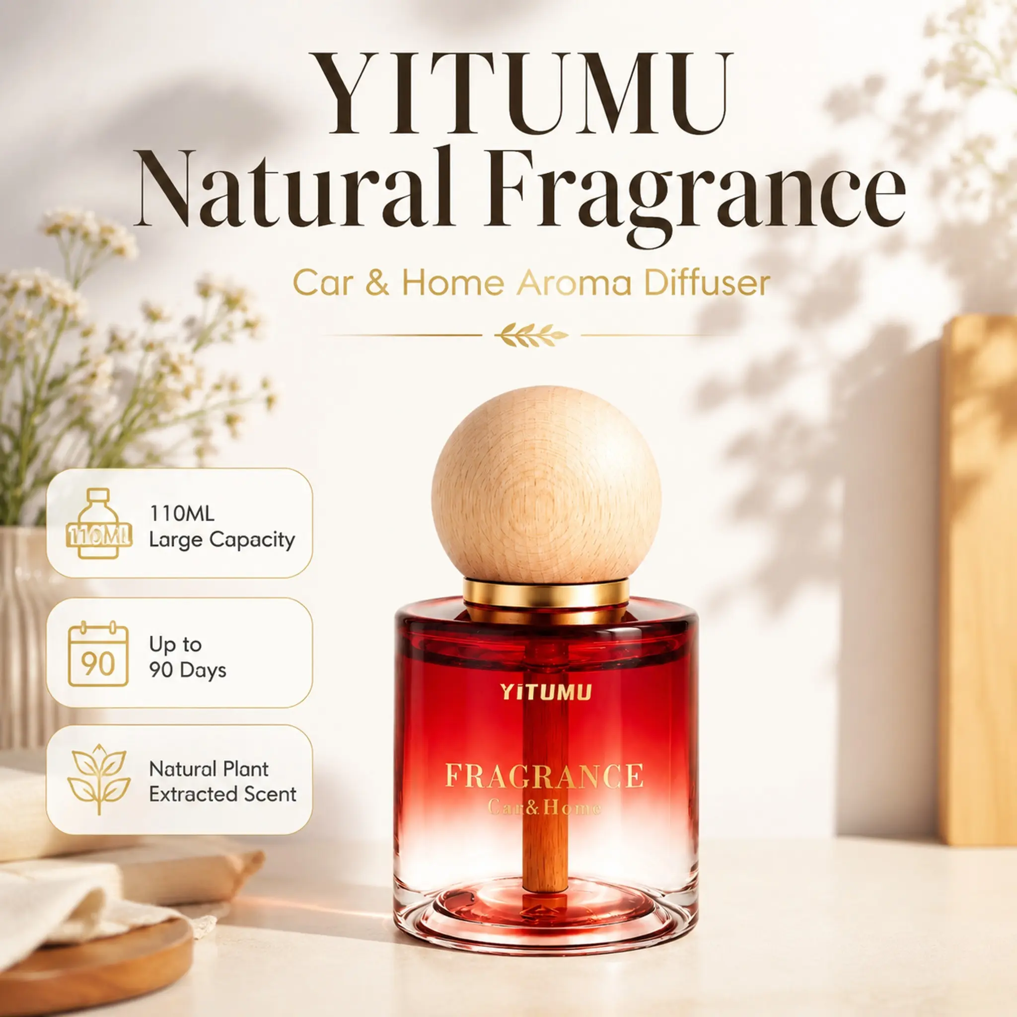 Yitumu Car Air Freshener, Car Fragrance, 110ML Natural Plant Essential Oil Diffuser, Birch Wood Cap, Dual Leak-Proof Design, Long-Lasting Scent Up to 90 Days