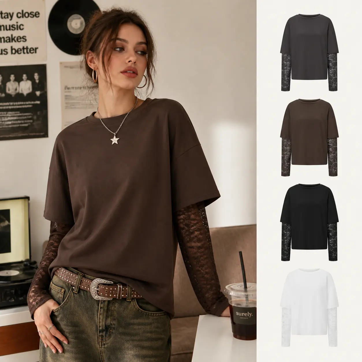 Women's 2 in 1 Lace Sleeve T Shirt Crew Neck Drop Shoulder Long Sleeve Top Casual Layered Look Y2K Oversized T-shirts Loose Solid Patchwork Lace