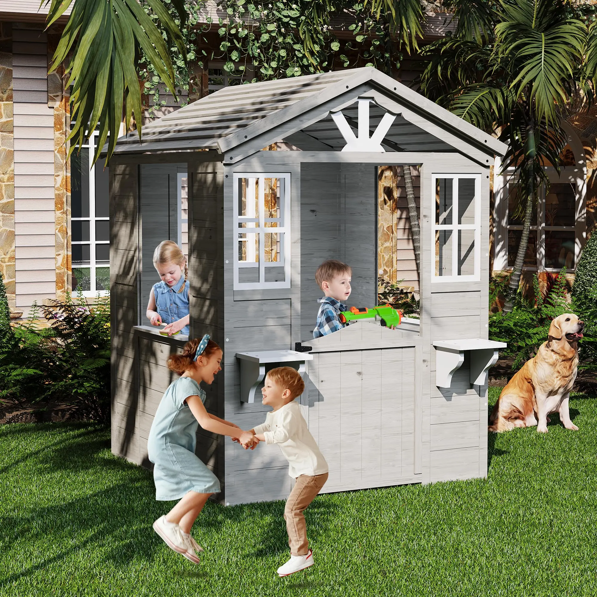🏡 Grey Wooden Outdoor Playhouse for Kids – Vinyl Roof, Play Kitchen & Porch – Durable Backyard Toy House – Easy Assembly for Ages 3–12! ✨