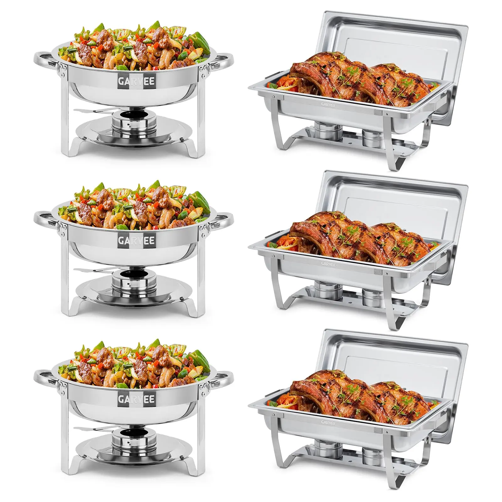 Garvee Stainless Steel Chafing Dish Buffet Set - Kitchenware Serving Food Warmers with 8 Qt Rectangular, 5 Qt Round Chafers, Lids, Food Pans, Water Pans, Fuel Holders for Parties Weddings