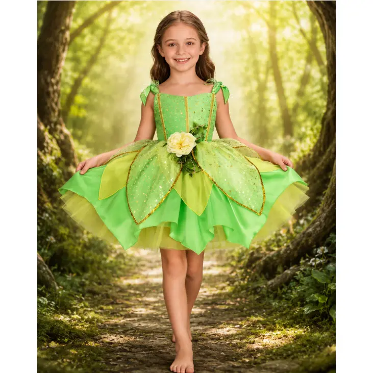 1pc Girls' Costume Dress, Fairy Dress-Up Skirt, Flower Fairy Princess Dress, Green Mesh Skirt, Dress for Little Girls' Various Activity Outfits, Top Choice for Girls' Outing Costume Dress