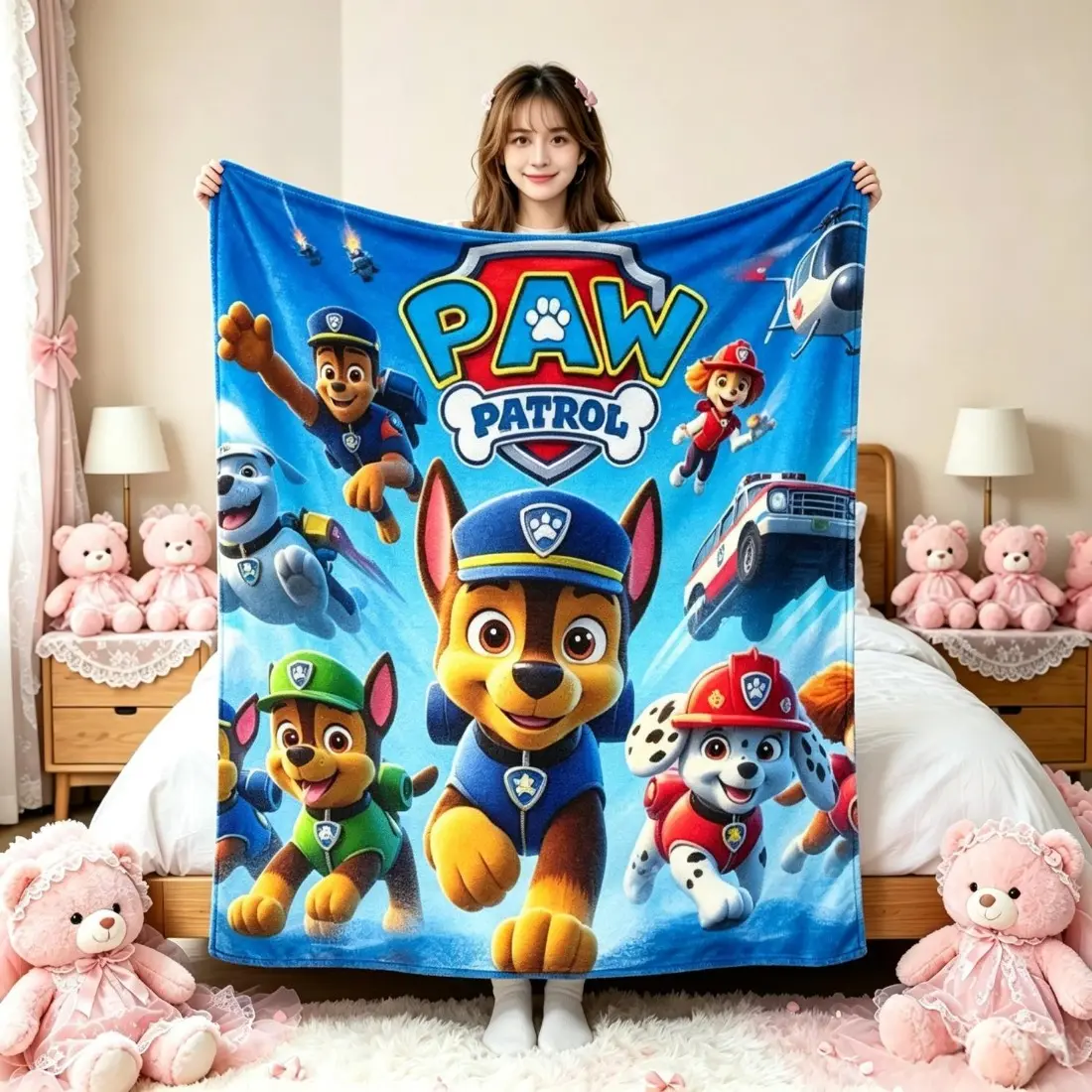 Blue Paw-Patrol Flannel Throw Blanket, Vibrant Cartoon Puppy Print, Soft Warm Cozy Cover for Sofa Bed, Ideal Birthday Gift for Kids Cartoon Fans