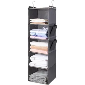 Hanging Closet Organize and Shelves, 5-Hanging Shelf with 2 Side Pockets, Storage Foldable (Grey)