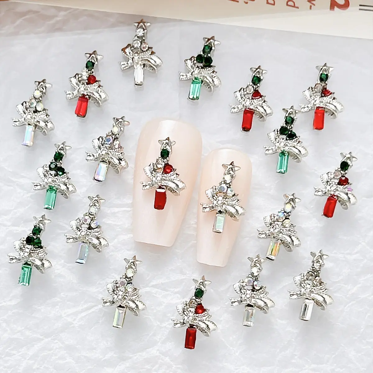 30PCS Light Luxury Shinny Y2K Christmas Tree Alloy Nail Charms 3D Creative Simulated Heavy Colorful Christmas Tree Nail Art Decorations DIY French Style Press on Nails