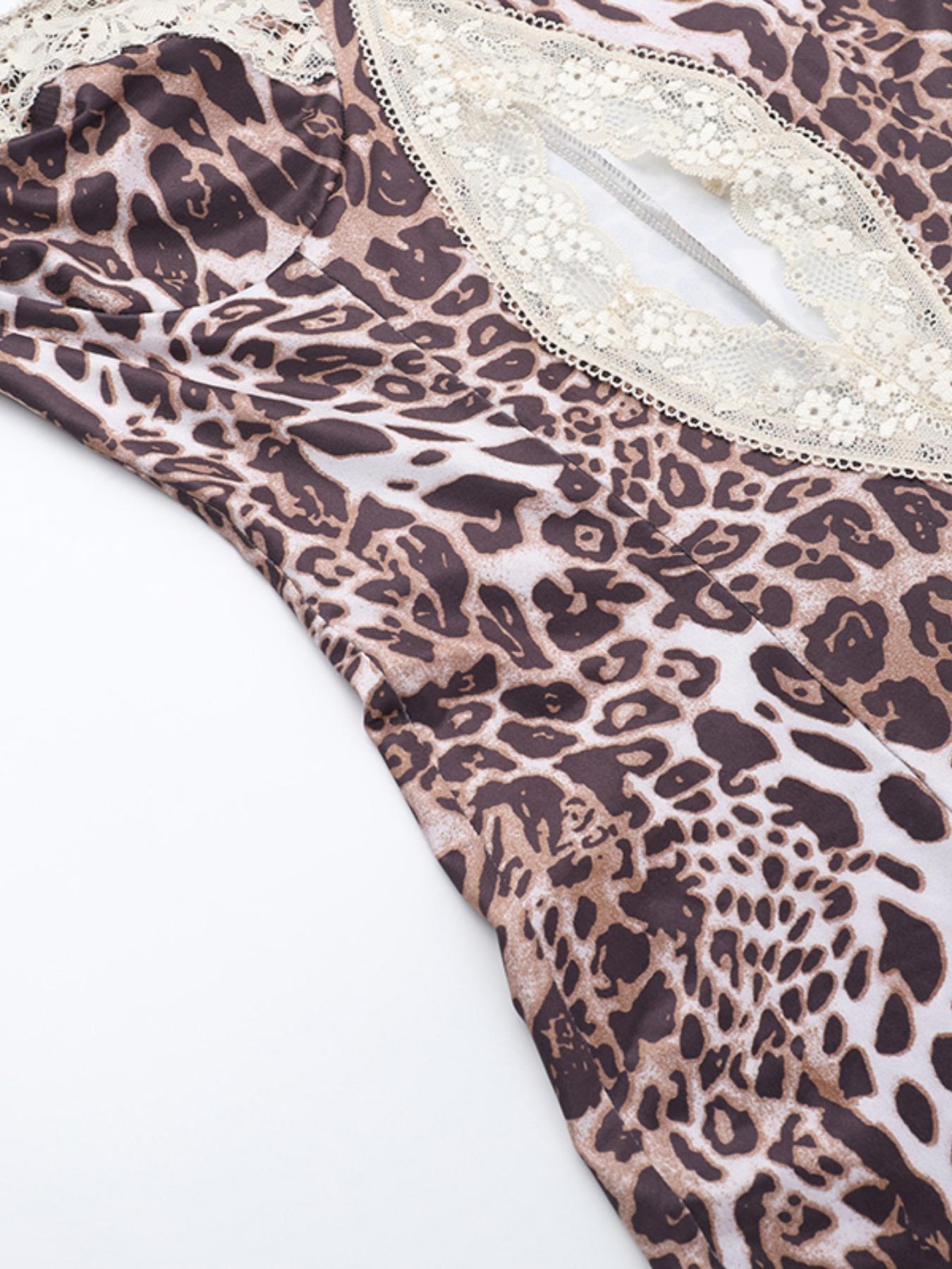 Women's Leopard Print Lace Trim Sexy Bodycon Side Slit Dress, Elegant Sleeveless Bodycon Cocktail Dress for Party Club Dating Wear, Ladies Summer Clothes, Elegant Fashion Chic