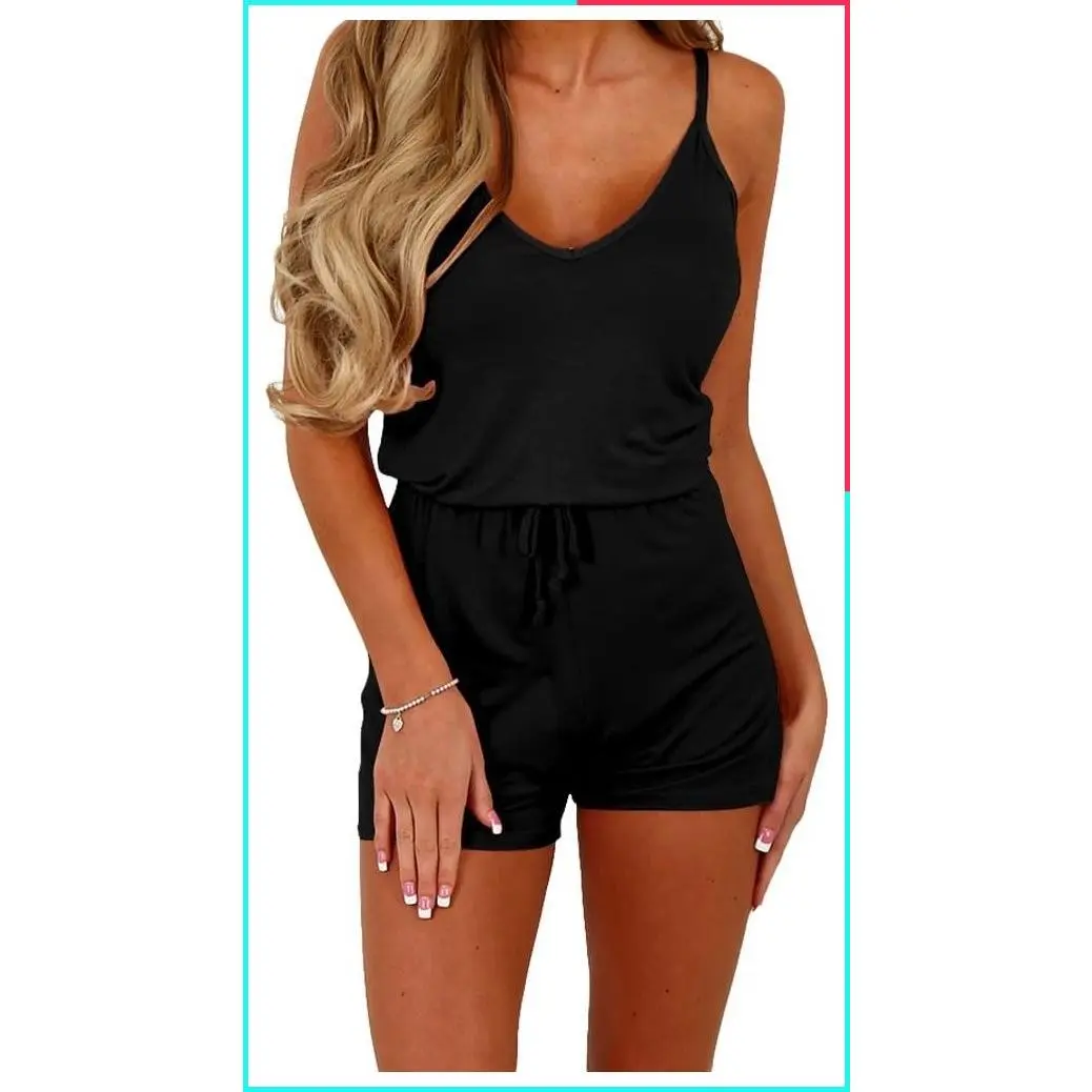 Women's Summer Casual Spaghetti Strap Romper, Adjustable Waist Drawstring Short Jumpsuit, Solid Cami for Girls
