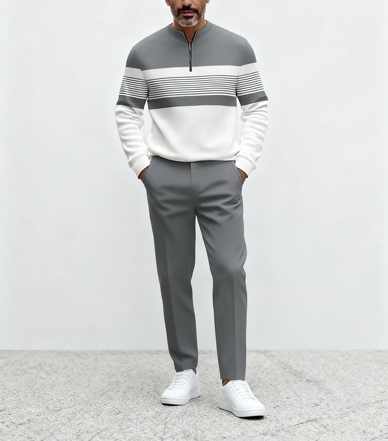 "New European and American men's sportswear set, featuring a half-zipper top paired with matching pants, and a trendy design with a sleeve patch featuring the number 5. The fabric is comfortable, suitable for daily street wear, casual commuting, and effor