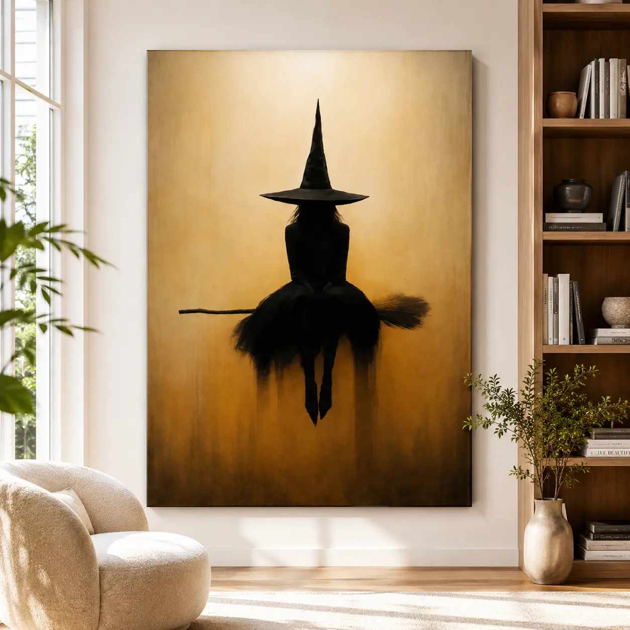 Witch Broom Canvas Wall Art Beige & Black Minimalist Gothic Style Living Room Bedroom Office Hanging Painting Halloween Easter Mother's Day Decoration Mysterious Room Gift Kit Halloween Gift, Dorm Decor USA, Black Boho Art, Witch Room Art, Boho Gothic Art