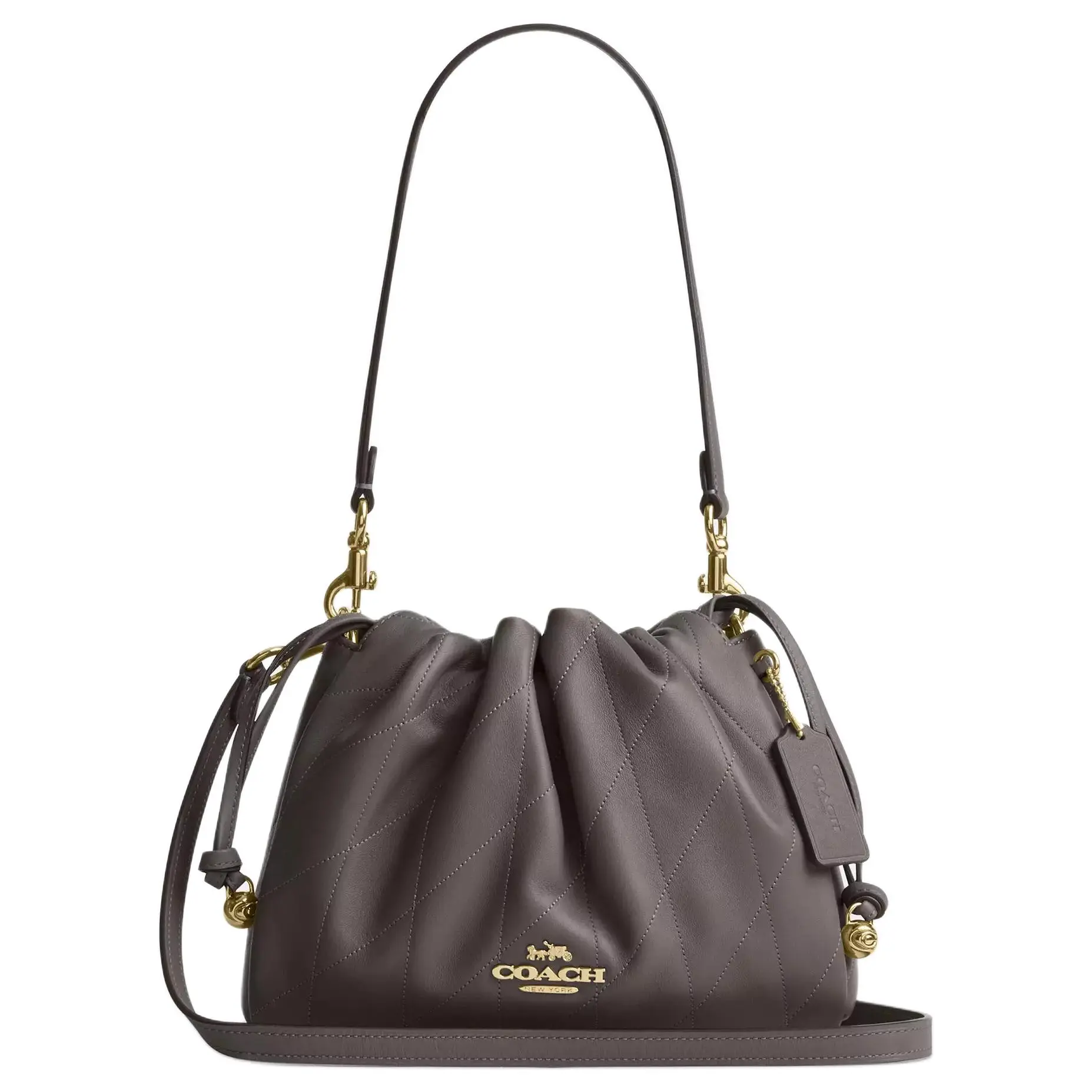 COACH Faye 22 Drawstring Top-Handle Satchel for Women in Pebbled Leather, Neutral Beige