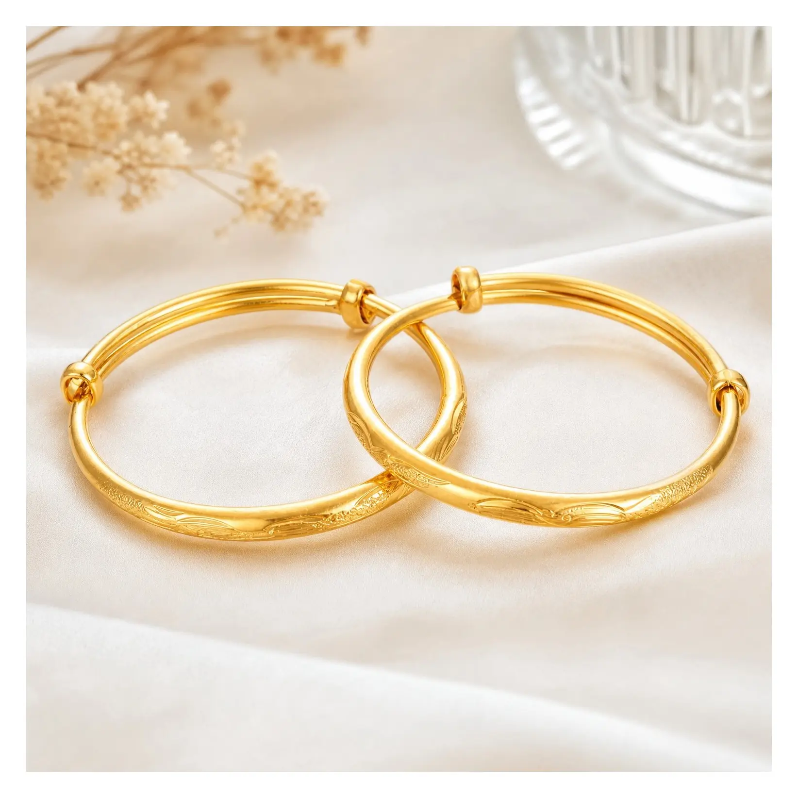 2Pcs 18K Gold Plated Expandable Adjustable Baby Bangles Bracelets for Infant Girls Boys Kids Birthday Christmas GiftsGift