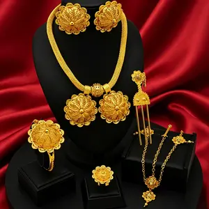 6Pcs 18K Gold-Plated Filigree Luxury Bridal Jewelry Set - Mesh Choker, Earrings, Bracelet, Ring, Hair Pin, Waist Chain for Dubai Wedding & Eid Ceremony (Costume Jewelry for Brides)